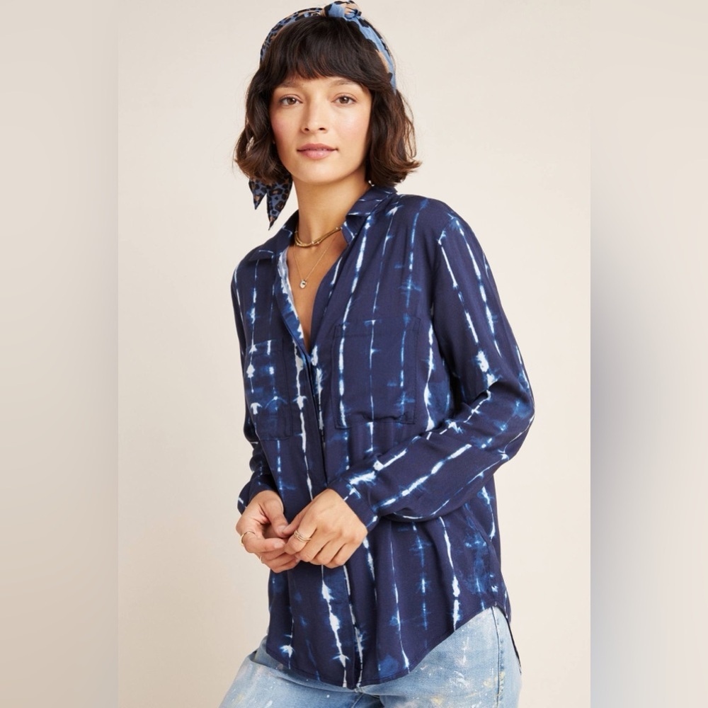 Cloth & Stone x Anthropologie Robyn Tie-Dye Button down Shirt Blue White sz M - Picture 2 of 13